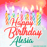 Bright birthday candles with rainbow flames on a cake, alongside the text 'Happy Birthday Alesia' in vibrant script in this celebratory animated GIF.