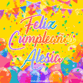A bright and festive GIF with the text 'Feliz Cumpleaños Alesia' in Spanish in colorful fonts, surrounded by confetti, balloons, and festive banners on a vibrant yellow background.
