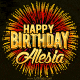 Golden 'Happy Birthday Alesia' text accompanied by animated rainbow fireworks for a festive animated greeting.