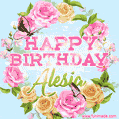 A charming animated GIF featuring 'Happy Birthday Alesia' in pink and green text, surrounded by delicate roses, leaves, and fluttering butterflies on a soft light blue pastel background.