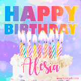 A vibrant animated name GIF with the words 'Happy Birthday Alesia' with colorful candles on a creamy cake. The background sparkles with pastel shades, adding a festive touch.