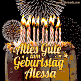 A chocolate birthday cake with glowing candles, the German text 'Alles Gute zum Geburtstag Alessa,' and vibrant fireworks lighting up the background in an animated GIF.