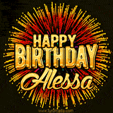 Golden 'Happy Birthday Alessa' text accompanied by animated rainbow fireworks for a festive animated greeting.