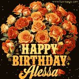 Animated bouquet of orange roses with moving butterfles and golden 'Happy Birthday Alessa' text, surrounded by sparkling accents and a dark backdrop for a luxurious feel.
