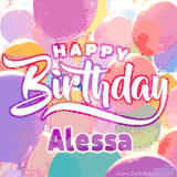 A vibrant name GIF featuring colorful balloons in shades of pink, orange, and yellow with the bold text 'Happy Birthday Alessa' in festive fonts, creating a lively birthday vibe.