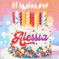Personalized for Alessia elegant birthday cake adorned with rainbow sprinkles, colorful candles and glitter