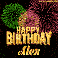 Wishing You A Happy Birthday, Alex! Best fireworks GIF animated greeting card.