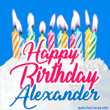 A cheerful animated GIF featuring colorful lit birthday candles on a white cake, with the text 'Happy Birthday Alexander' in bold red and blue script on a bright blue background.