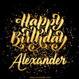 Animated GIF with colorful, festive 'Happy Birthday Alexander' text decorated with patterns, a party hat, and falling confetti. A vibrant and cheerful design for birthday celebrations.