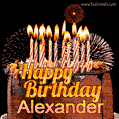 A rich chocolate cake topped with glowing birthday candles and surrounded by bright fireworks. The animated GIF displays the message 'Happy Birthday Alexander' in golden text.
