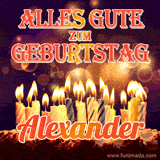 An animated GIF featuring 'Alles Gute Zum Geburtstag Alexander' in glowing red and gold letters above a cake with colorful lit candles, set against a festive sparkling background.
