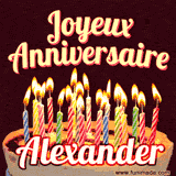 A Happy Birthday GIF in French featuring a festive birthday cake adorned with bright candles and the glowing text 'Joyeux Anniversaire Alexander' in a cheerful style.