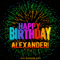 A colorful animated GIF featuring the text 'Happy Birthday Alexander!' in rainbow colors with a dynamic iridescent firework display in the background.