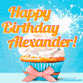 A cheerful animated GIF of a cupcake with creamy frosting, a red checkered ribbon, and a bright sparkler on top. The text 'Happy Birthday Alexander!' is displayed in vibrant orange and red.