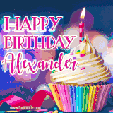 A festive animated GIF featuring a colorful cupcake with a single lit candle, sprinkles, and 'Happy Birthday Alexander' text against a sparkling, celebratory background.