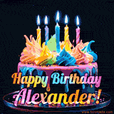 A vibrant animated GIF featuring a colorful rotating birthday cake with bright frosting swirls, glowing candles, and the text 'Happy Birthday Alexander!' in rainbow colors.