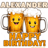 Animated GIF with name Alexander featuring two smiling beer mugs with frothy tops, toasting in celebration. The text reads 'Alexander, Happy Birthday!' in bold letters.