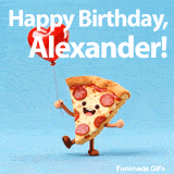 Funny animated pepperoni pizza slice dancing and holding a balloon with Happy Birthday Alexander text