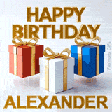 Three animated presents with golden ribbons continuously jumping in the air below a shiny 3D Happy Birthday Alexander greeting