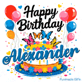 Close-up of a floral birthday cake with a bold blue name tag spelling Alexander under colorful balloon decorations.