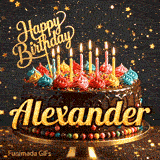 Sparkly golden star background with a detailed chocolate drip cake and the name Alexander on the front.