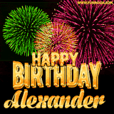 A captivating GIF with bursts of green, pink, and orange fireworks lighting up the night sky, accompanied by 'Happy Birthday Alexander' in glowing golden text.