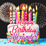 A lively happy birthday animated GIF showcasing a colorful birthday cake covered in sprinkles, topped with glowing candles, and surrounded by vibrant fireworks. The name 'Alexander' is featured in elegant script.
