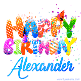 Animated GIF with colorful, festive 'Happy Birthday Alexander' text decorated with patterns, a party hat, and falling confetti. A vibrant and cheerful design for birthday celebrations.
