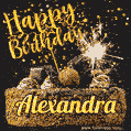 Celebrate Alexandra's birthday with a GIF featuring chocolate cake, a lit sparkler, and golden stars