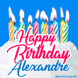 A cheerful animated GIF featuring colorful lit birthday candles on a white cake, with the text 'Happy Birthday Alexandre' in bold red and blue script on a bright blue background.