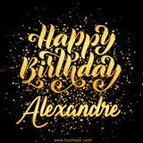 Animated GIF with colorful, festive 'Happy Birthday Alexandre' text decorated with patterns, a party hat, and falling confetti. A vibrant and cheerful design for birthday celebrations.