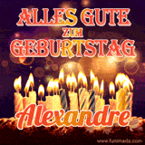 An animated GIF featuring 'Alles Gute Zum Geburtstag Alexandre' in glowing red and gold letters above a cake with colorful lit candles, set against a festive sparkling background.