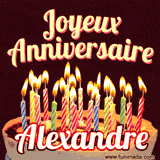 A Happy Birthday GIF in French featuring a festive birthday cake adorned with bright candles and the glowing text 'Joyeux Anniversaire Alexandre' in a cheerful style.