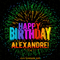 A colorful animated GIF featuring the text 'Happy Birthday Alexandre!' in rainbow colors with a dynamic iridescent firework display in the background.