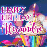 A festive animated GIF featuring a colorful cupcake with a single lit candle, sprinkles, and 'Happy Birthday Alexandre' text against a sparkling, celebratory background.