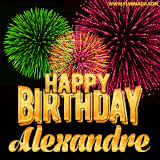 A captivating GIF with bursts of green, pink, and orange fireworks lighting up the night sky, accompanied by 'Happy Birthday Alexandre' in glowing golden text.