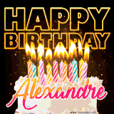 A vibrant animated GIF featuring a delicious birthday cake topped with glowing candles and the name 'Alexandre' in elegant script, and the words 'Happy Birthday' on the black background.