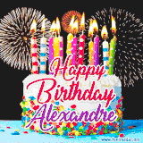 A lively happy birthday animated GIF showcasing a colorful birthday cake covered in sprinkles, topped with glowing candles, and surrounded by vibrant fireworks. The name 'Alexandre' is featured in elegant script.