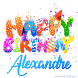 Animated GIF with colorful, festive 'Happy Birthday Alexandre' text decorated with patterns, a party hat, and falling confetti. A vibrant and cheerful design for birthday celebrations.