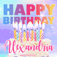 Animated Happy Birthday Cake with Name Alexandria and Burning Candles