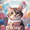 Happy birthday gif for Alexey with cat and cake