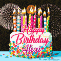 Amazing Animated GIF Image for Alexi with Birthday Cake and Fireworks