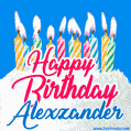 Happy Birthday GIF for Alexzander with Birthday Cake and Lit Candles