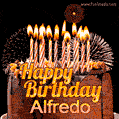 A rich chocolate cake topped with glowing birthday candles and surrounded by bright fireworks. The animated GIF displays the message 'Happy Birthday Alfredo' in golden text.