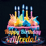 A vibrant animated GIF featuring a colorful rotating birthday cake with bright frosting swirls, glowing candles, and the text 'Happy Birthday Alfredo!' in rainbow colors.