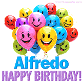 An animated birthday-themed name GIF with colorful smiling balloons and bold 'Alfredo, Happy Birthday!' text for a celebratory touch.