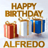 Three animated presents with golden ribbons continuously jumping in the air below a shiny 3D Happy Birthday Alfredo greeting