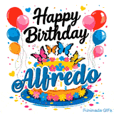Beautifully decorated butterfly theme cake with balloons and colorful flowers on a white background for Alfredo.