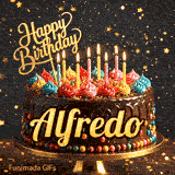 An animated card for Alfredo featuring a dark chocolate drip cake decorated with sprinkles and colorful icing.