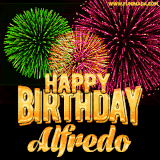 A captivating GIF with bursts of green, pink, and orange fireworks lighting up the night sky, accompanied by 'Happy Birthday Alfredo' in glowing golden text.